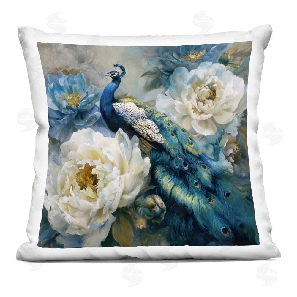 Tina LeCour Pretty Peacock with Roses Square Plush Polyester Throw Pillow