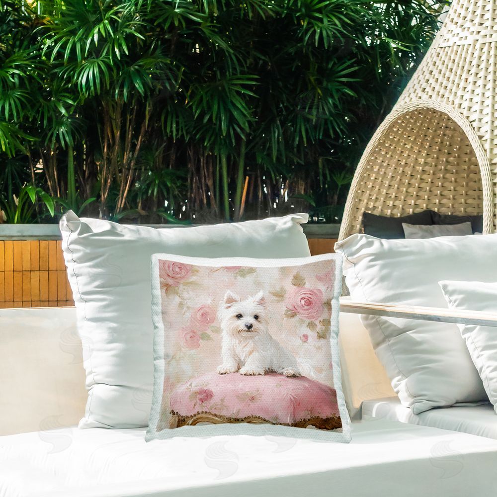 Tina LeCour Fancy Francesca Puppy Square Outdoor Quick-Dry Polyester Throw Pillow on Seat