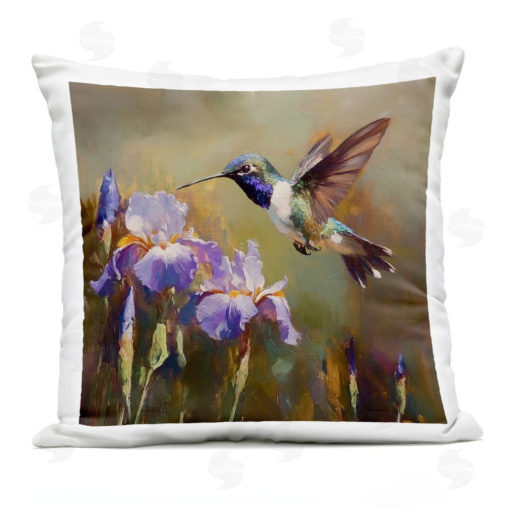 Tina LeCour Hummingbird & Purple Irises Square Outdoor Quick-Dry Polyester Throw Pillow