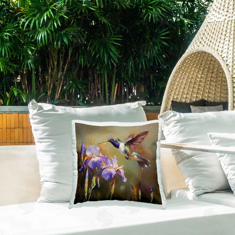 Tina LeCour Hummingbird & Purple Irises Square Outdoor Quick-Dry Polyester Throw Pillow on Seat