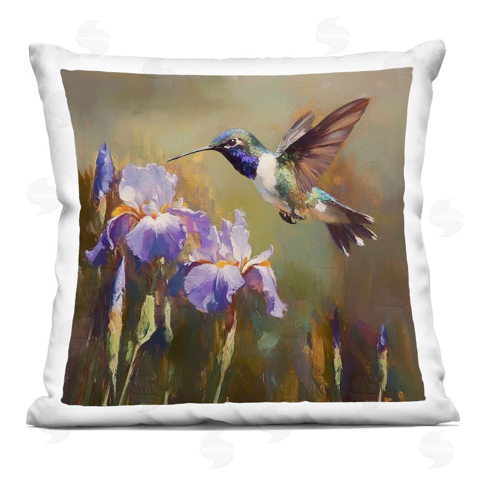 Tina LeCour Hummingbird & Purple Irises Square Plush Polyester Throw Pillow