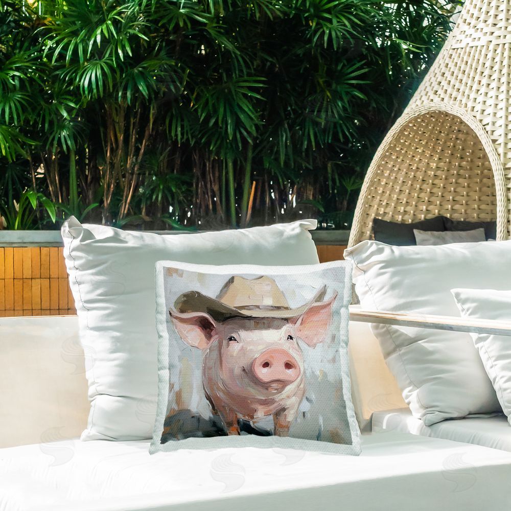Tina LeCour Cowboy Chester Pig Square Outdoor Quick-Dry Polyester Throw Pillow on Seat