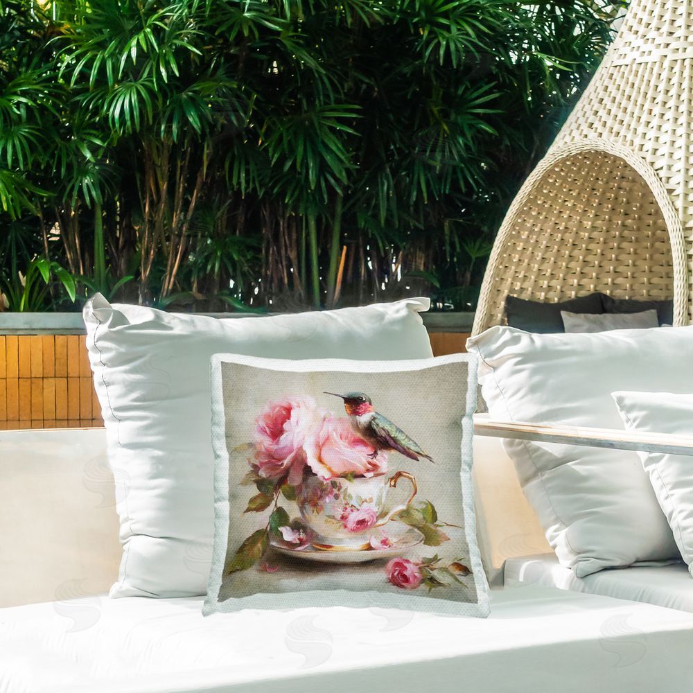 Tina LeCour Hummingbird & Tea Cup Square Outdoor Quick-Dry Polyester Throw Pillow on Seat