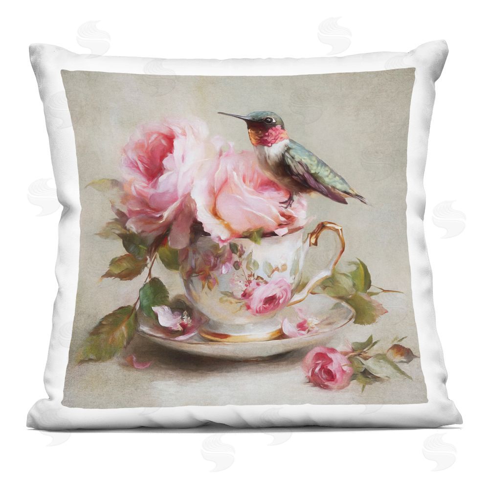 Tina LeCour Hummingbird & Tea Cup Square Plush Polyester Throw Pillow