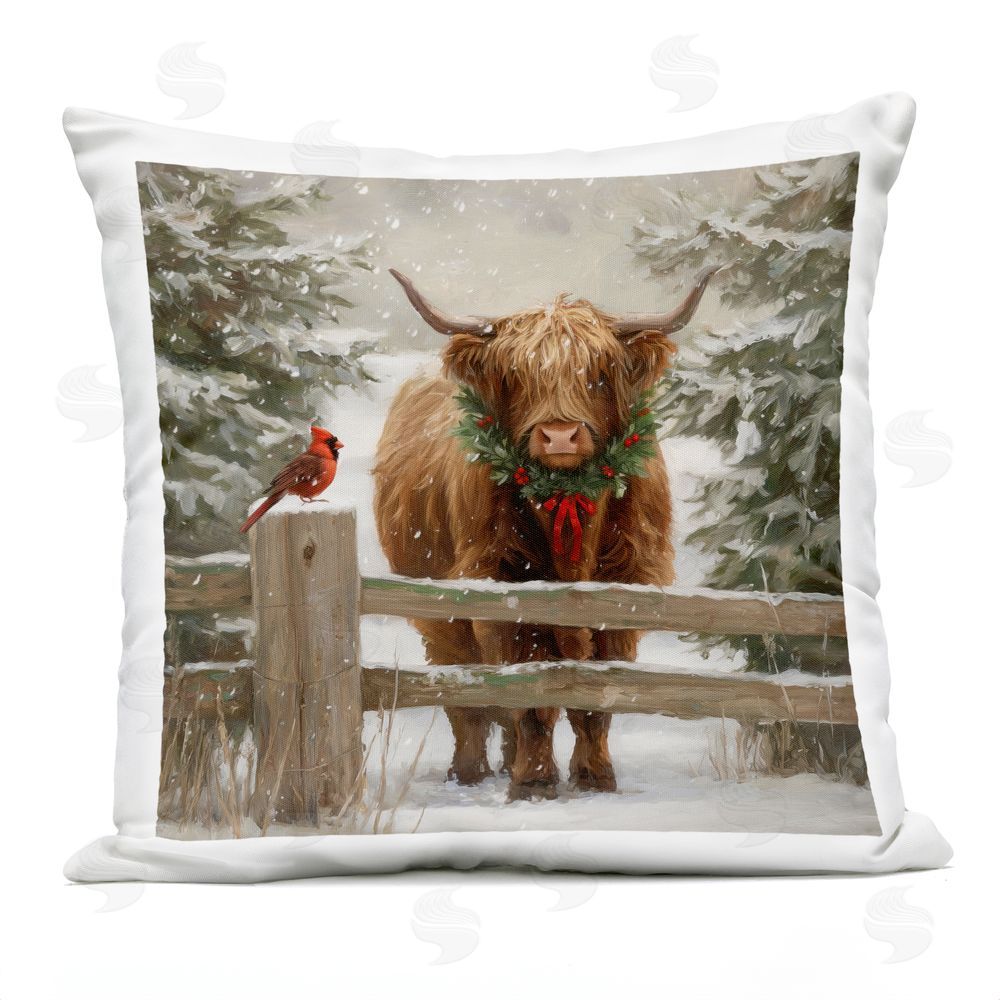 Tina LeCour Christmas Cow & Cardinal Square Outdoor Quick-Dry Polyester Throw Pillow