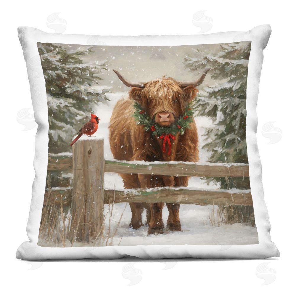 Tina LeCour Christmas Cow & Cardinal Square Plush Polyester Throw Pillow