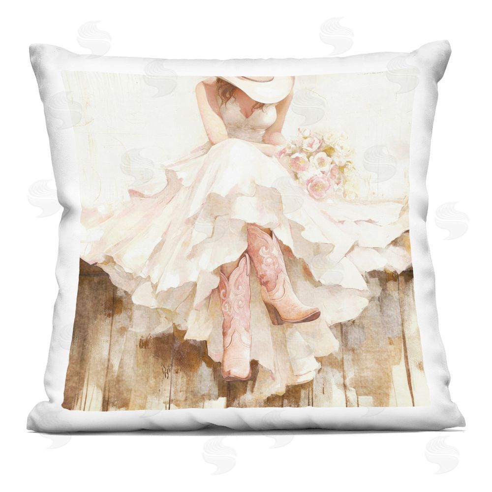 Tina LeCour Cowgirl On The Fence Square Plush Polyester Throw Pillow