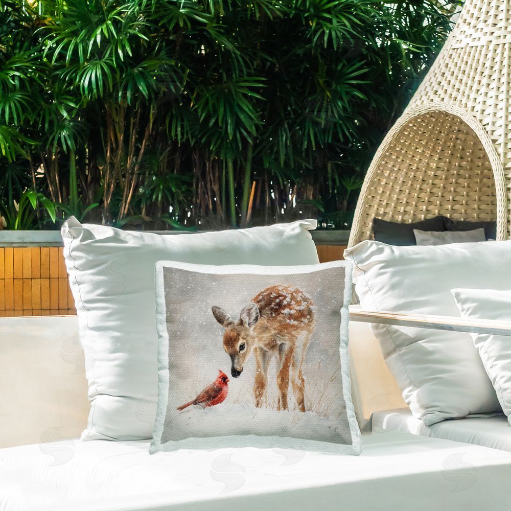 Tina LeCour Little Fawn & The Cardinal Square Outdoor Quick-Dry Polyester Throw Pillow on Seat