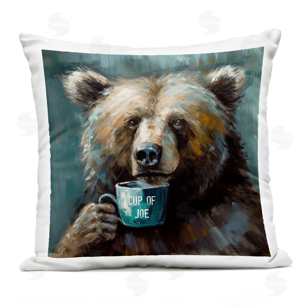 Tina LeCour Bear with Cup Of Joe Square Outdoor Quick-Dry Polyester Throw Pillow