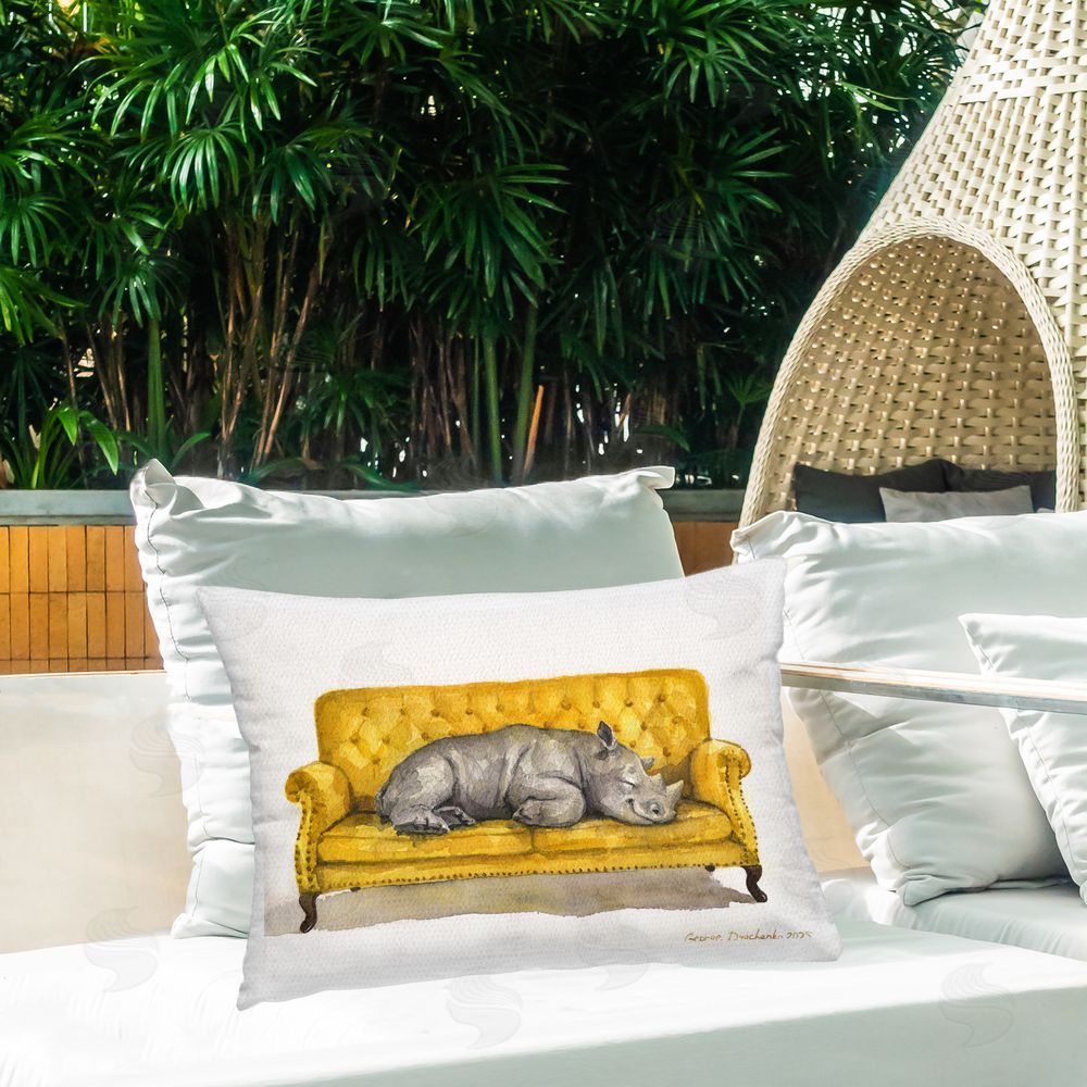 George Dyachenko Cute Rhino Resting Lumbar Outdoor Quick-Dry Polyester Throw Pillow on Seat