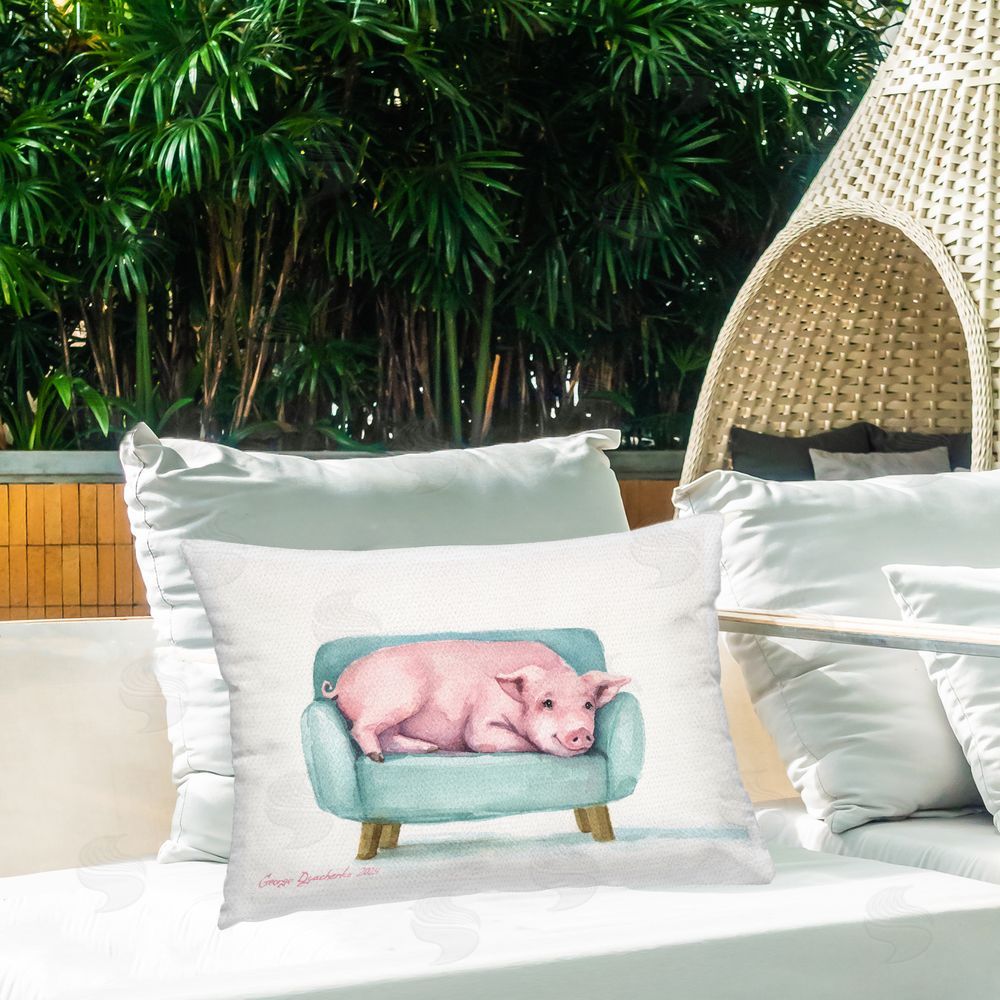 George Dyachenko Cute Piglet on Armchair Lumbar Outdoor Quick-Dry Polyester Throw Pillow on Seat