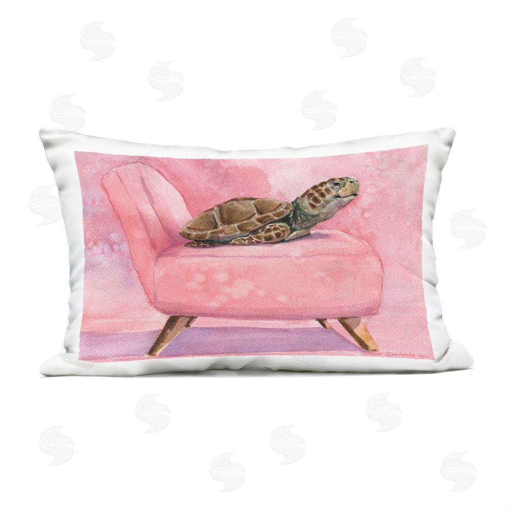 George Dyachenko Happy Turtle on Pink Chair Lumbar Outdoor Quick-Dry Polyester Throw Pillow