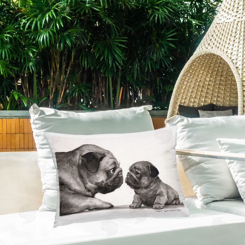 George Dyachenko Pug And Her Puppy Lumbar Outdoor Quick-Dry Polyester Throw Pillow on Seat