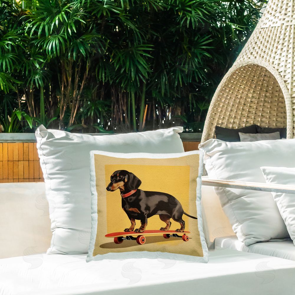 Andreas Magnusson Dachshund on Red Skateboard Outdoor Quick-Dry Polyester Printed Square Pillow on Patio