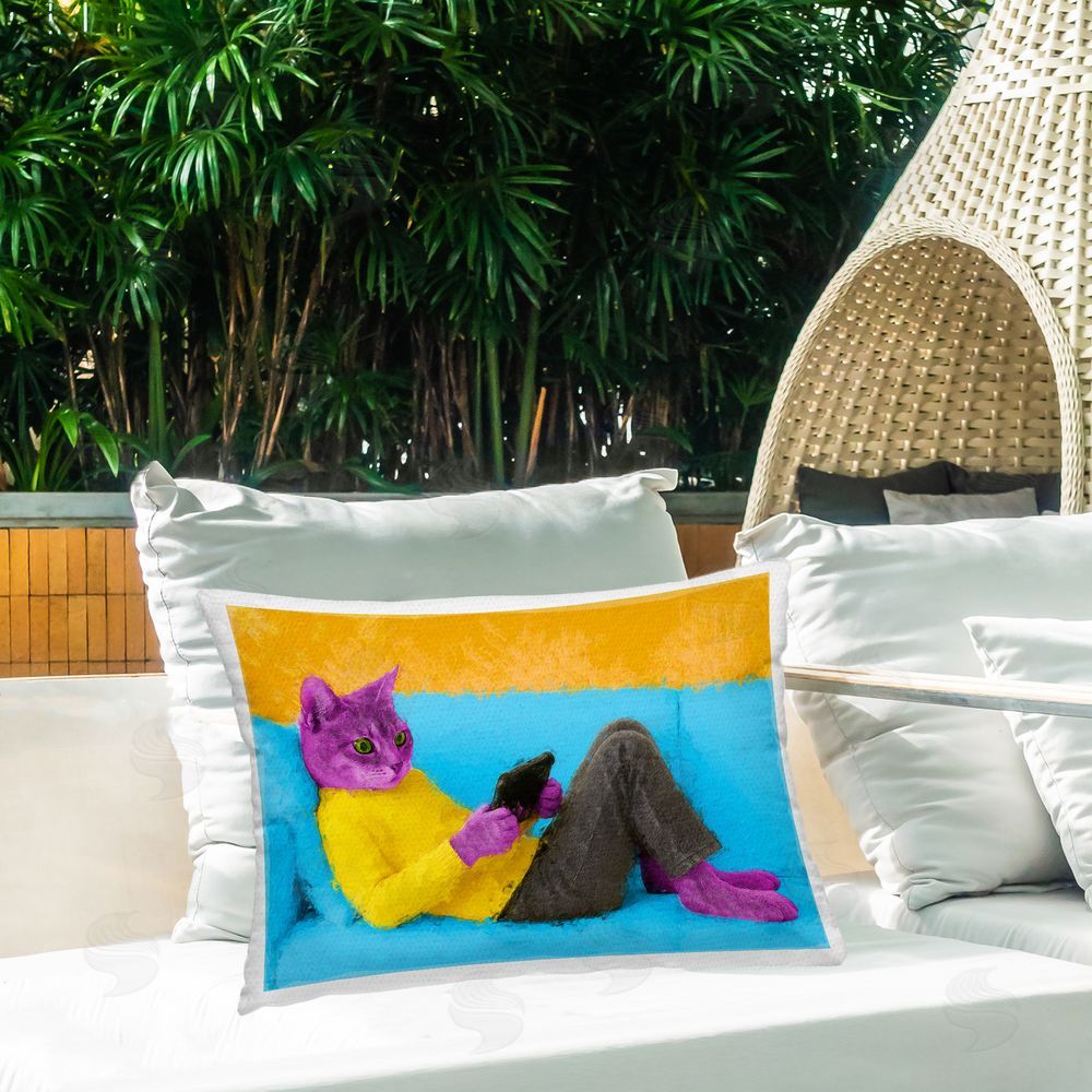 Sean Parnell Vibrant Cat Playing Game Outdoor Quick-Dry Polyester Printed Lumbar Pillow on Patio