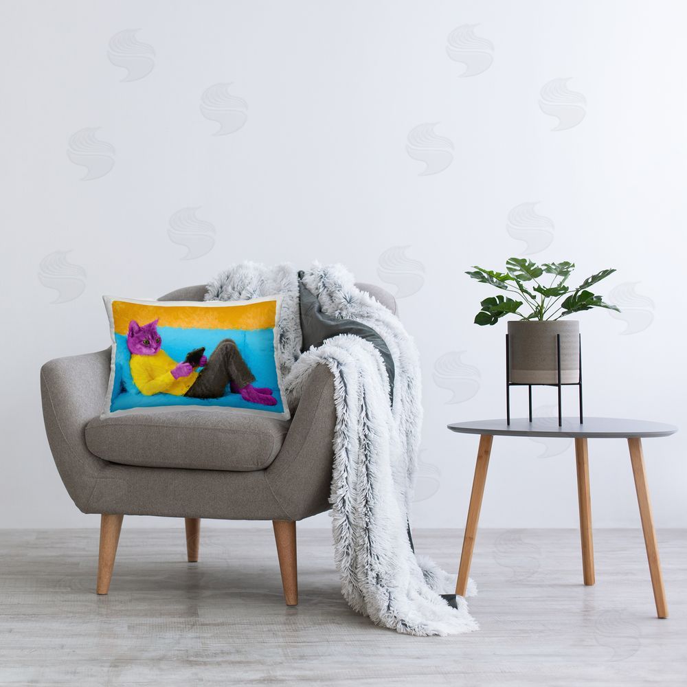 Sean Parnell Vibrant Cat Playing Game Plush Polyester Printed Lumbar Pillow on Chair