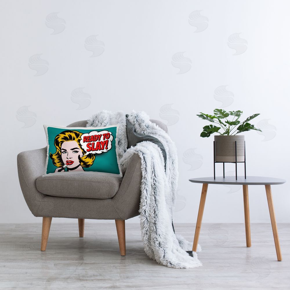 Andreas Magnusson Ready To Slay Lipstick Plush Polyester Printed Lumbar Pillow on Chair