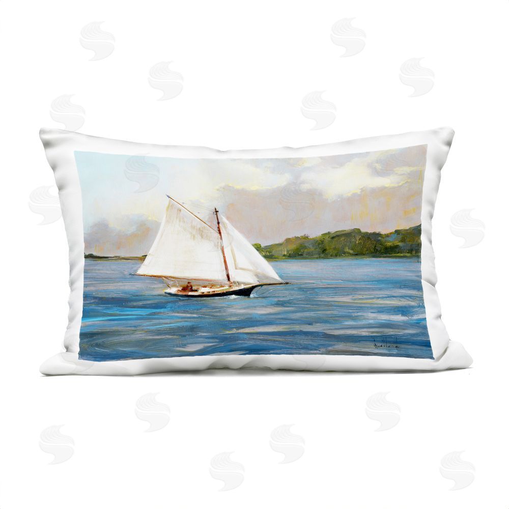 Katie Swatland White Sailboat on Calm Blue Sea Outdoor Quick-Dry Polyester Lumbar Pillow