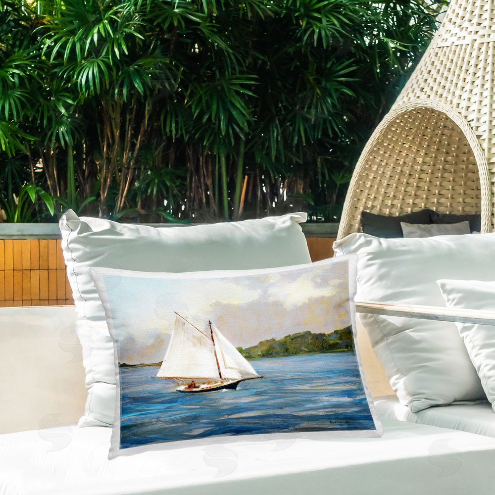 Katie Swatland White Sailboat on Calm Blue Sea Outdoor Quick-Dry Polyester Printed Lumbar Pillow on Patio