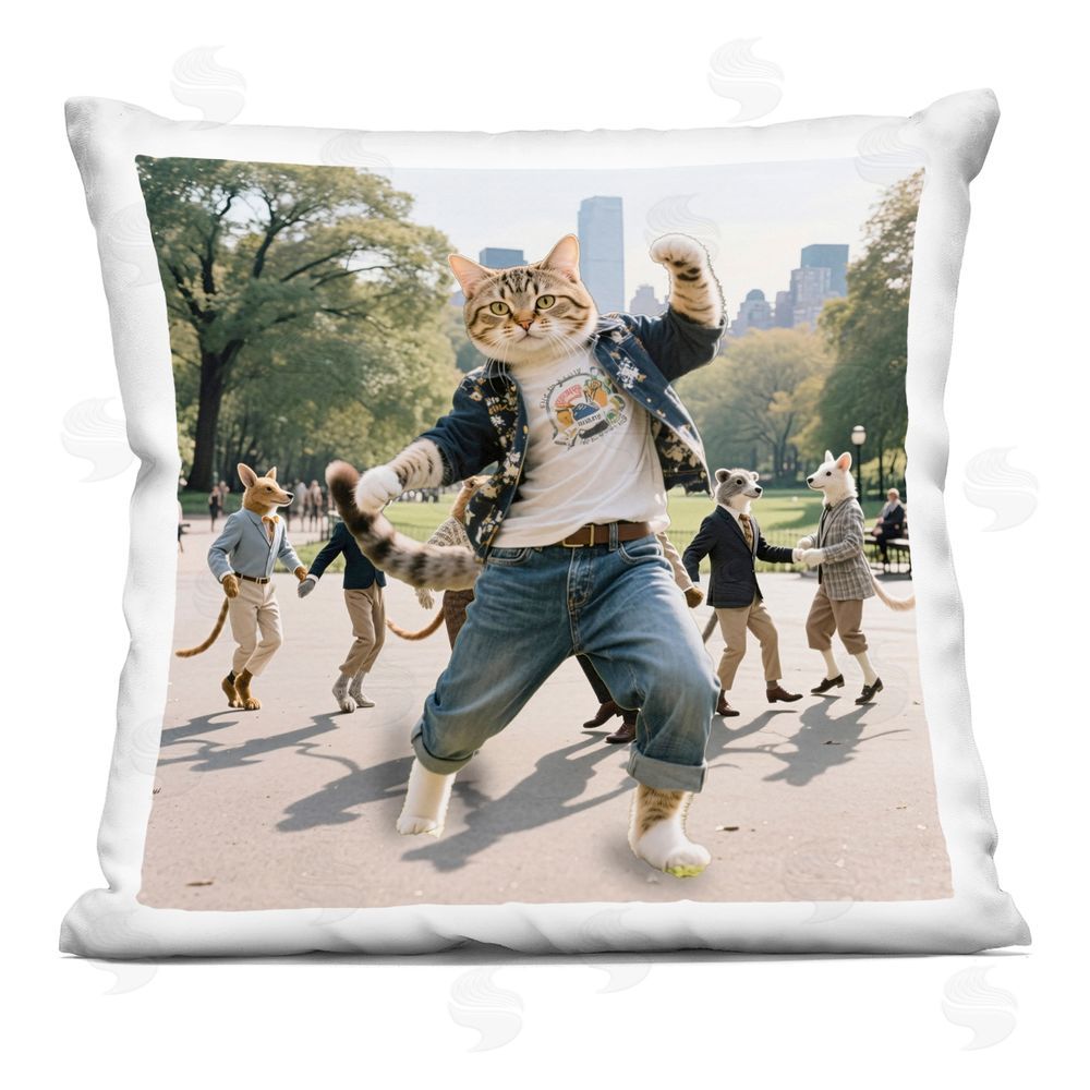 CAD Designs Stylish Cat Dancing in Park Indoor Plush Polyester Square Throw Pillow