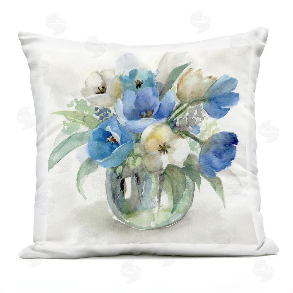 Nan Blue Tulip Watercolor Bouquet Outdoor Quick-Dry Polyester Square Throw Pillow