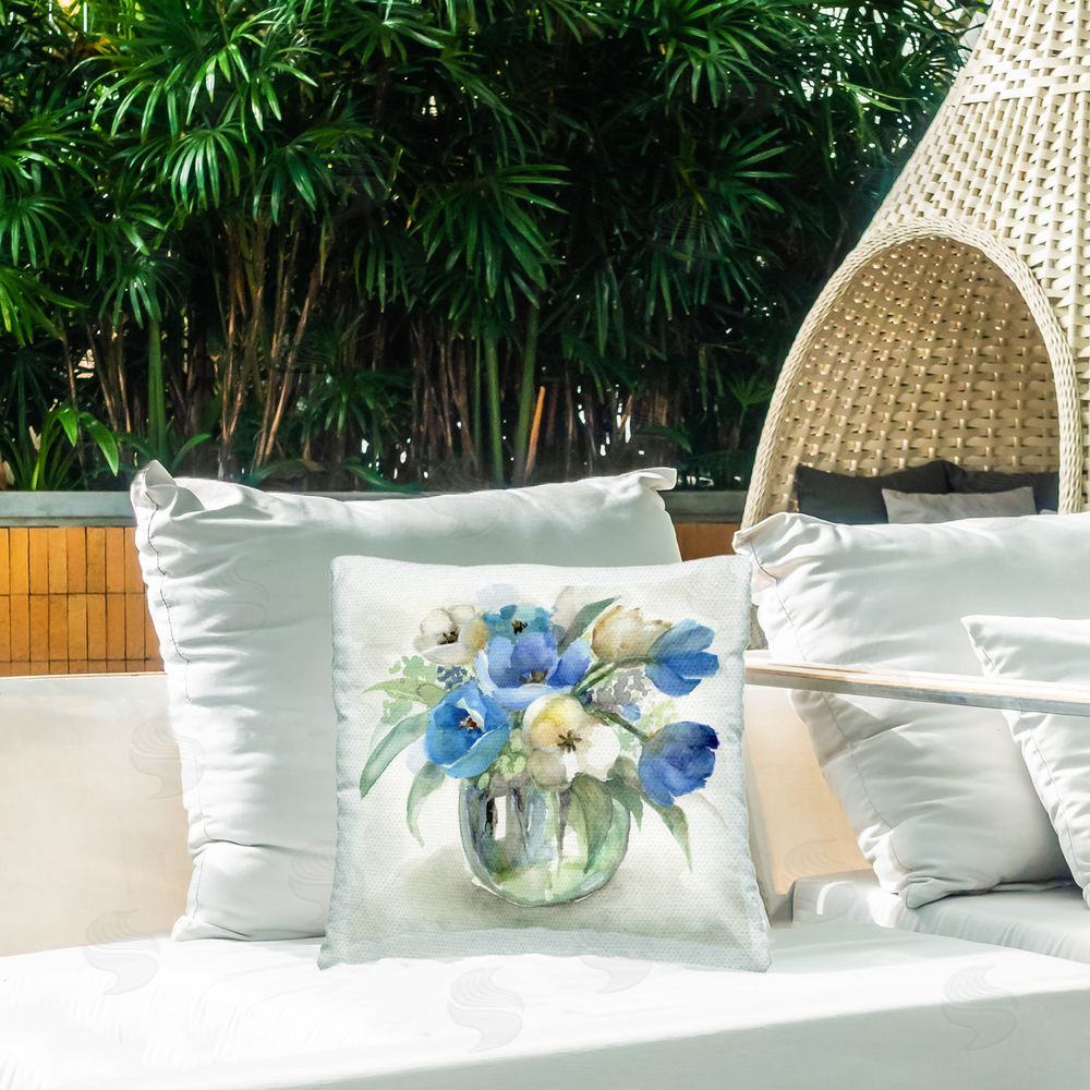 Nan Blue Tulip Watercolor Bouquet Outdoor Quick-Dry Polyester Printed Square Pillow on Patio