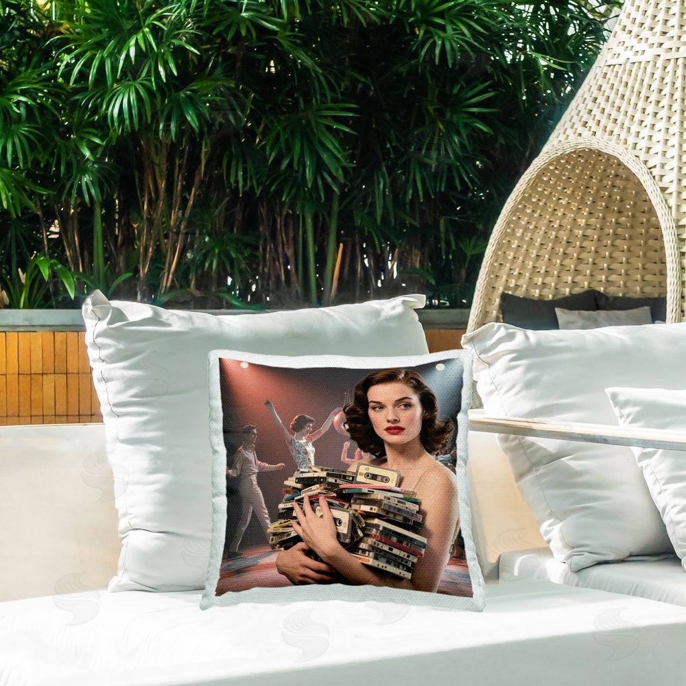 CAD Designs Woman Holding Vintage Cassette Collection Outdoor Quick-Dry Polyester Printed Square Pillow on Patio