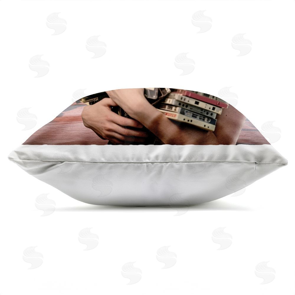 CAD Designs Woman Holding Vintage Cassette Collection Outdoor Quick-Dry Polyester Square Throw Pillow Zipper Detail