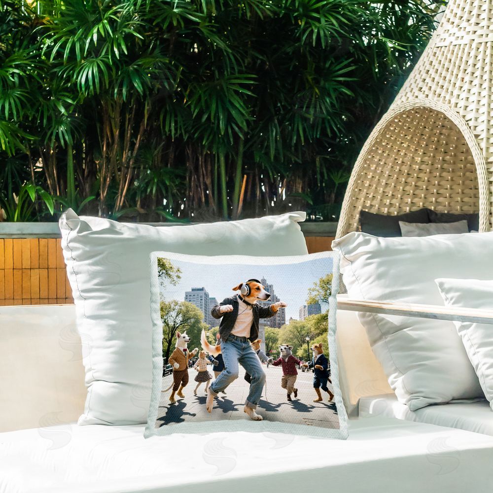 CAD Designs Stylish Dog Dancing in Park Outdoor Quick-Dry Polyester Printed Square Pillow on Patio