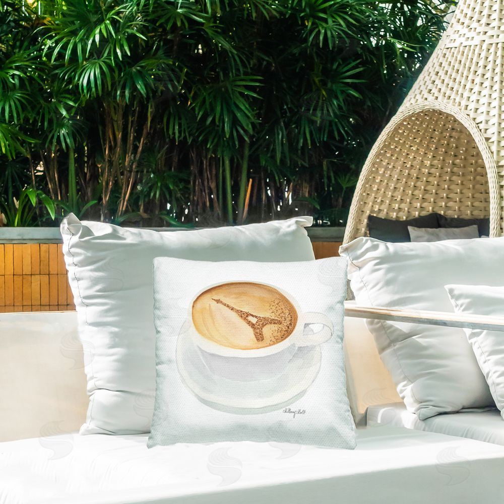 Hillary Holt Eiffel Tower Latte Outdoor Quick-Dry Polyester Printed Square Pillow on Patio