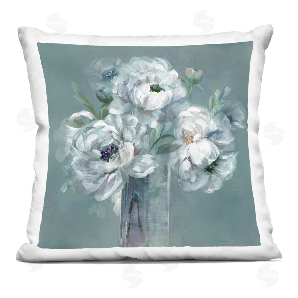 Nan White Peony Impression in Vase Indoor Plush Polyester Square Throw Pillow