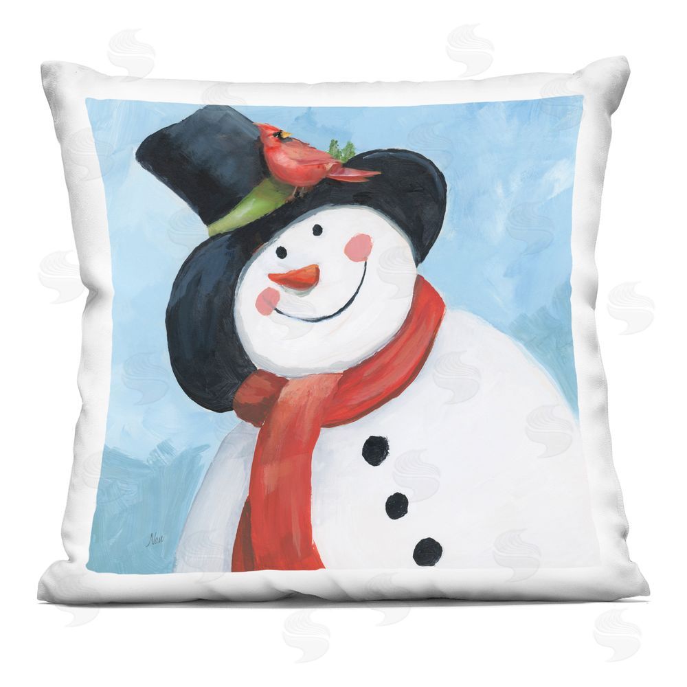 Nan Cheerful Snowman with Cardinal Indoor Plush Polyester Square Throw Pillow