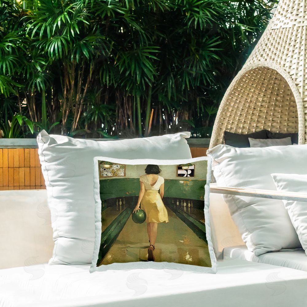 Annabelle Hall Green Vintage Bowling Alley Outdoor Quick-Dry Polyester Printed Square Pillow on Patio