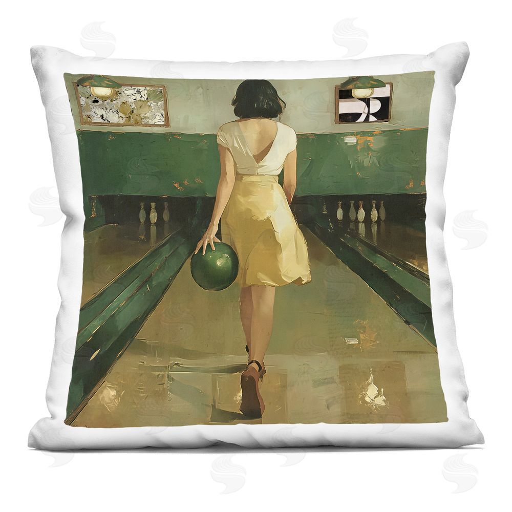 Annabelle Hall Green Vintage Bowling Alley Indoor Plush Polyester Square Throw Pillow