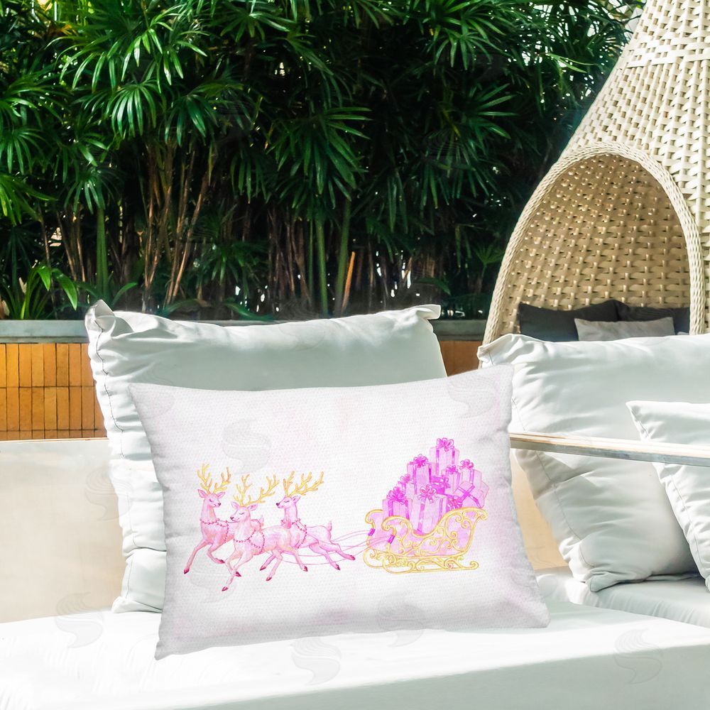 Ziwei Li Pink Reindeer Pulling Sleigh Outdoor Quick-Dry Polyester Printed Lumbar Pillow on Patio