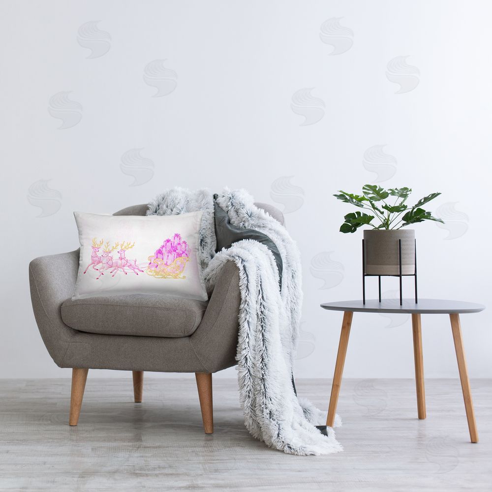 Ziwei Li Pink Reindeer Pulling Sleigh Plush Polyester Printed Lumbar Pillow on Chair