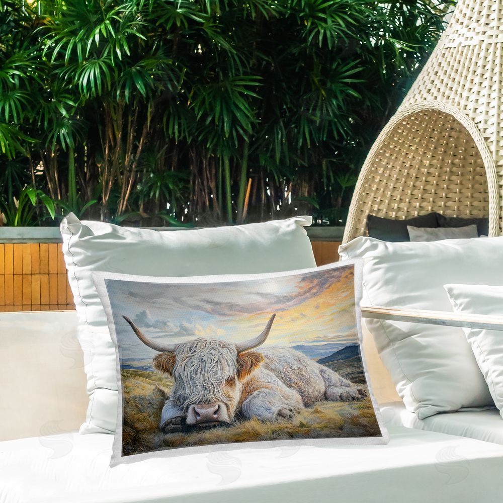 The Wands Want Sleeping Highland Cow Pastoral Outdoor Quick-Dry Polyester Printed Lumbar Pillow on Patio