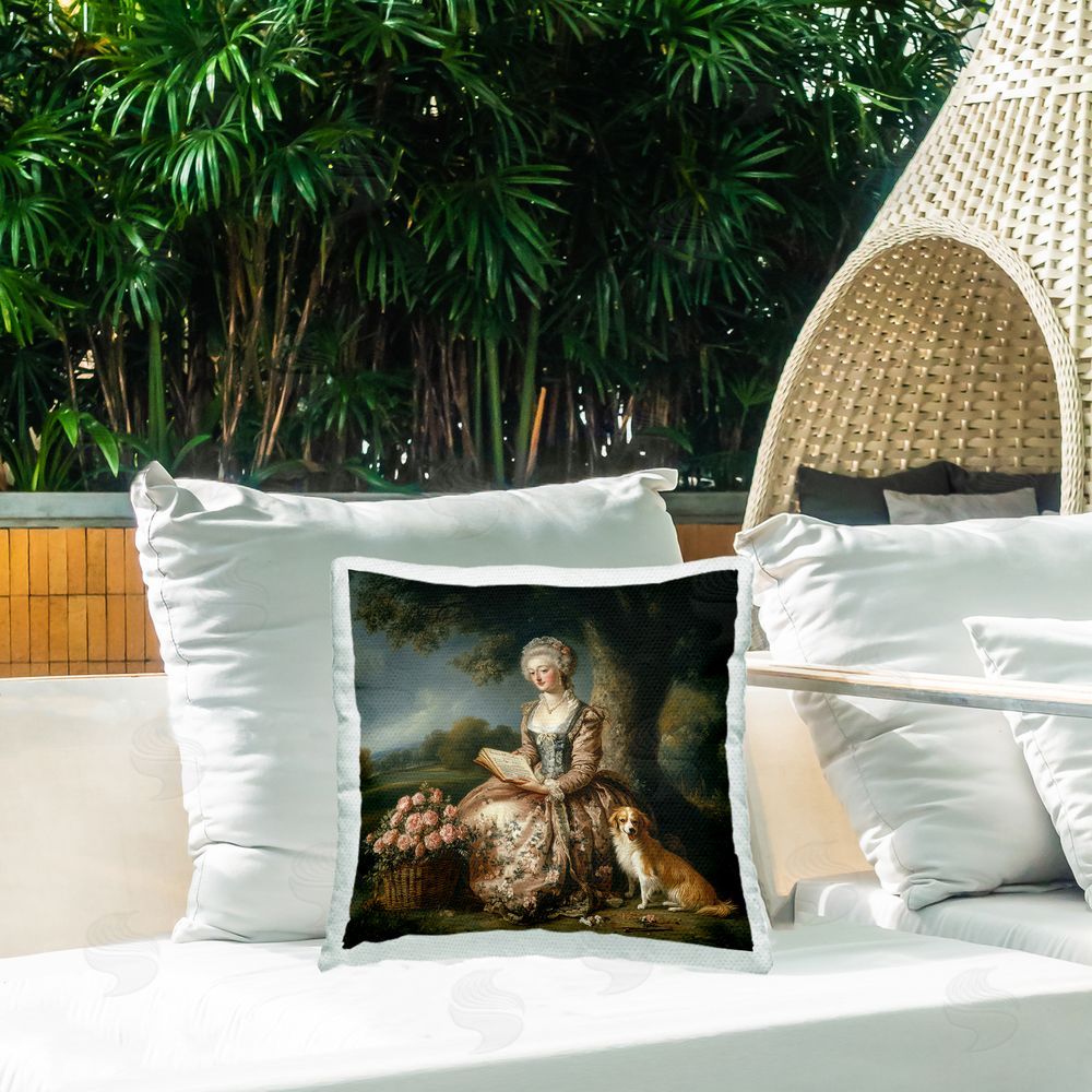 The Wands Want Rococo Woman with Dog Outdoor Quick-Dry Polyester Printed Square Pillow on Patio
