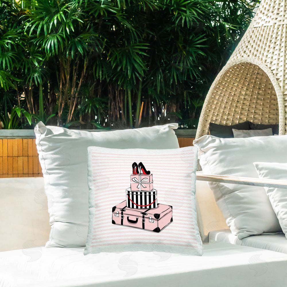 Martina Pavlova Heels Atop Travel Luggage Outdoor Quick-Dry Polyester Printed Square Pillow on Patio