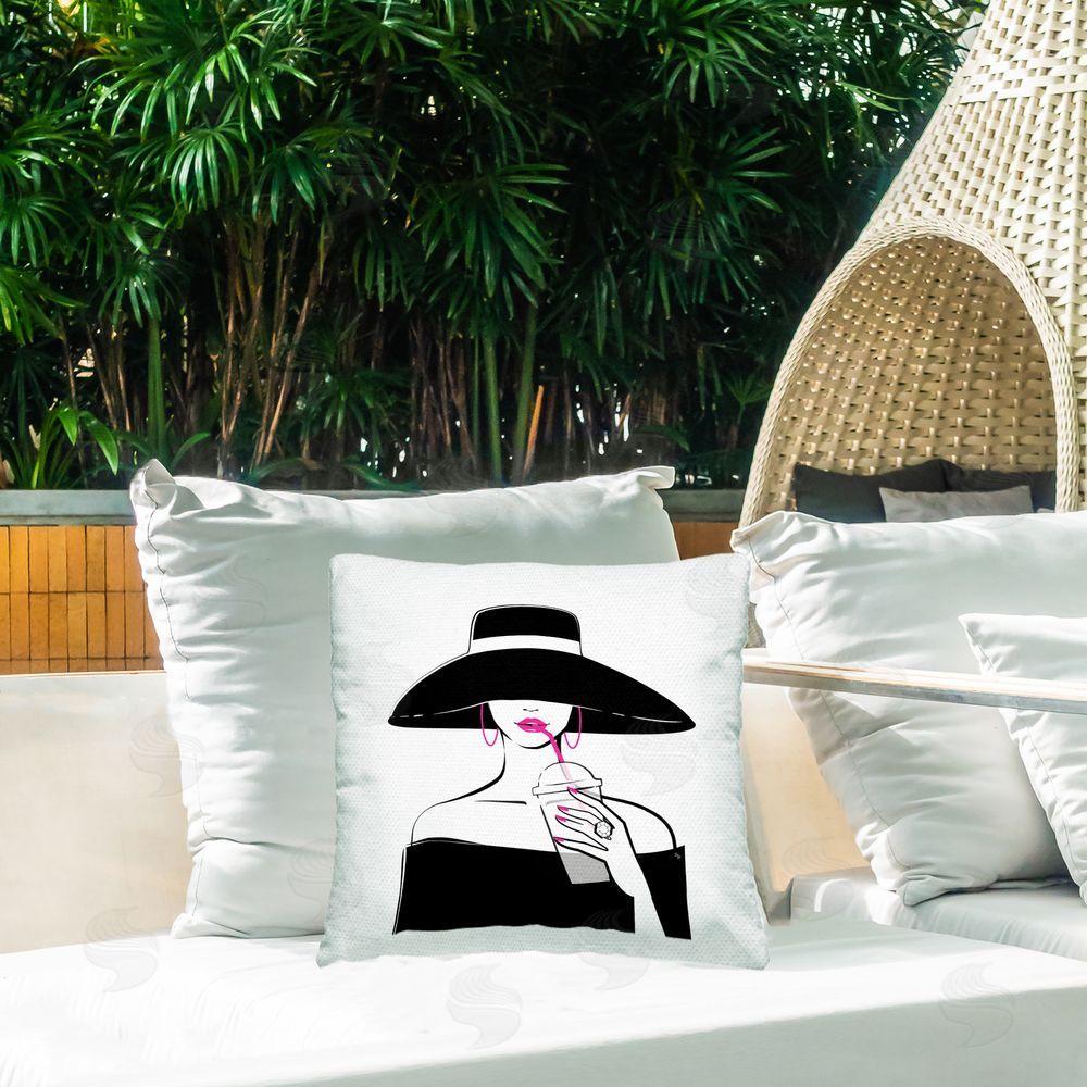 Martina Pavlova Chic Black Hat Sipping Coffee Outdoor Square Printed Throw Pillow on Seat