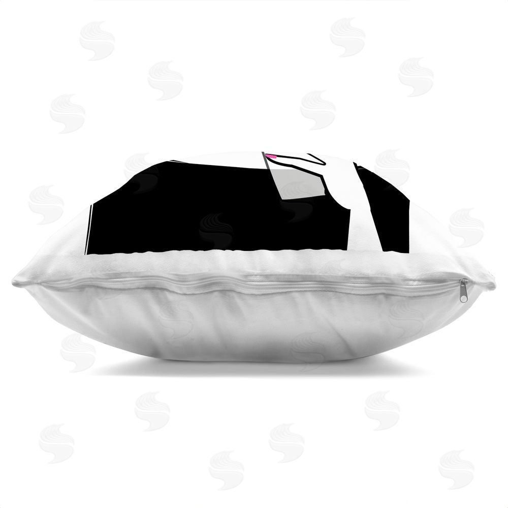 Martina Pavlova Chic Black Hat Sipping Coffee Square Printed Throw Pillow Side View with Zipper Detail