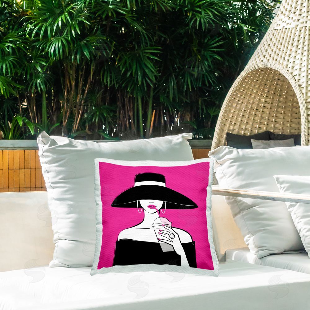 Martina Pavlova Black Hat Glamourous Woman Outdoor Square Printed Throw Pillow on Seat