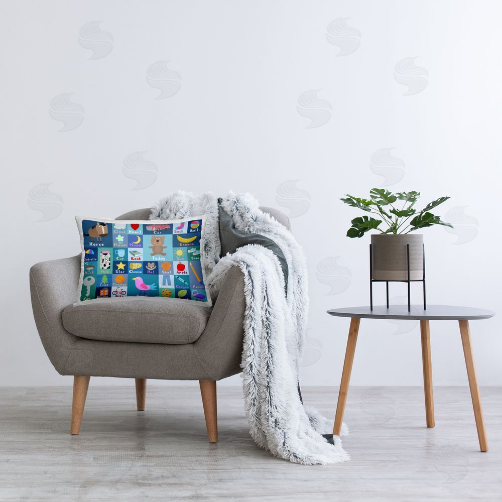 Carla Daly Blue First Words Plush Polyester Printed Lumbar Pillow on Chair