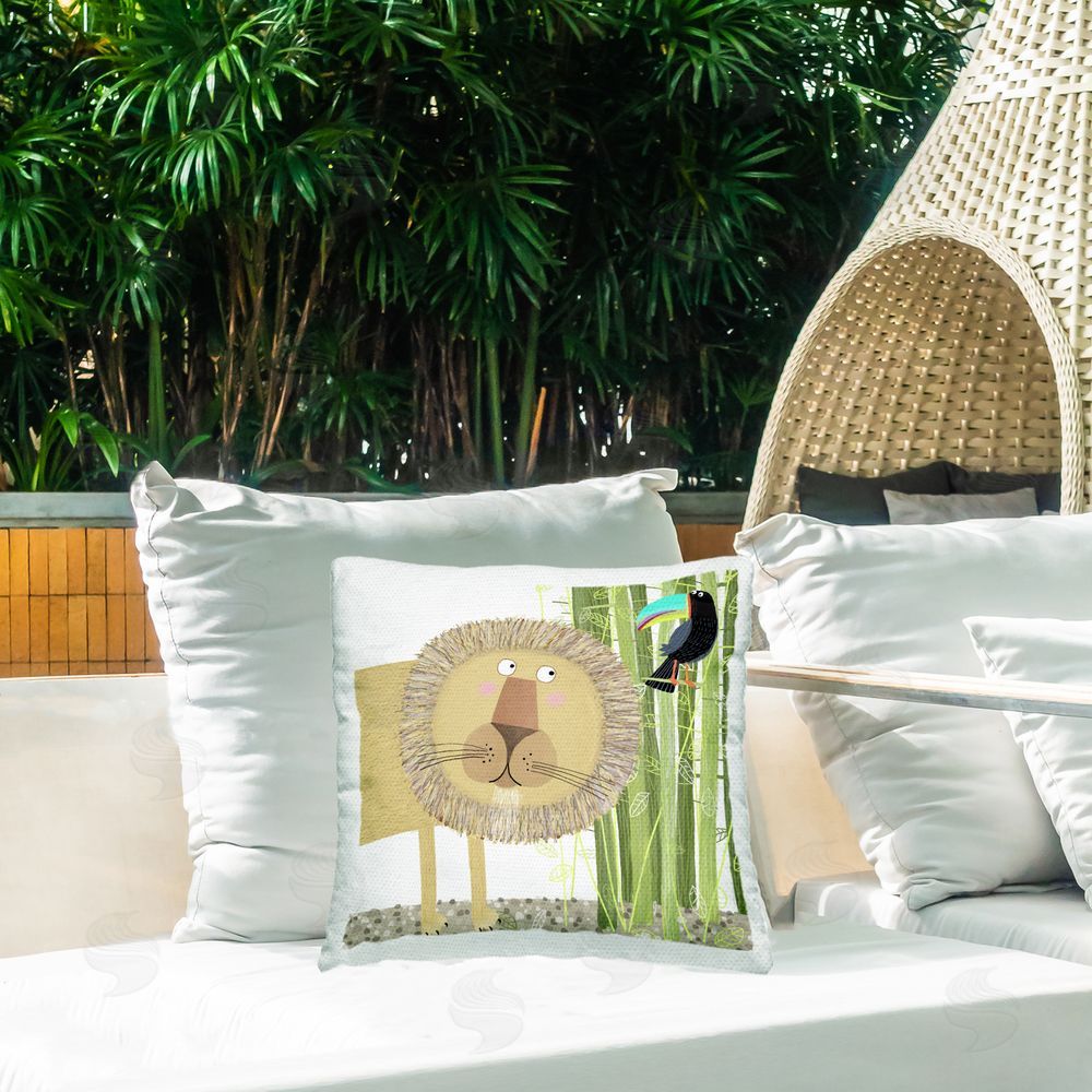 Carla Daly Lion with Bamboo Trees & Toucan Outdoor Quick-Dry Polyester Printed Square Pillow on Patio