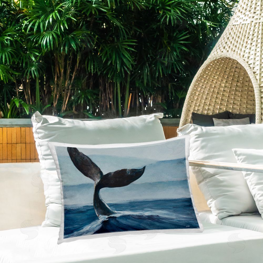 Julia Purinton Whale Tail Rising Over Waves Outdoor Quick-Dry Polyester Printed Lumbar Pillow on Patio
