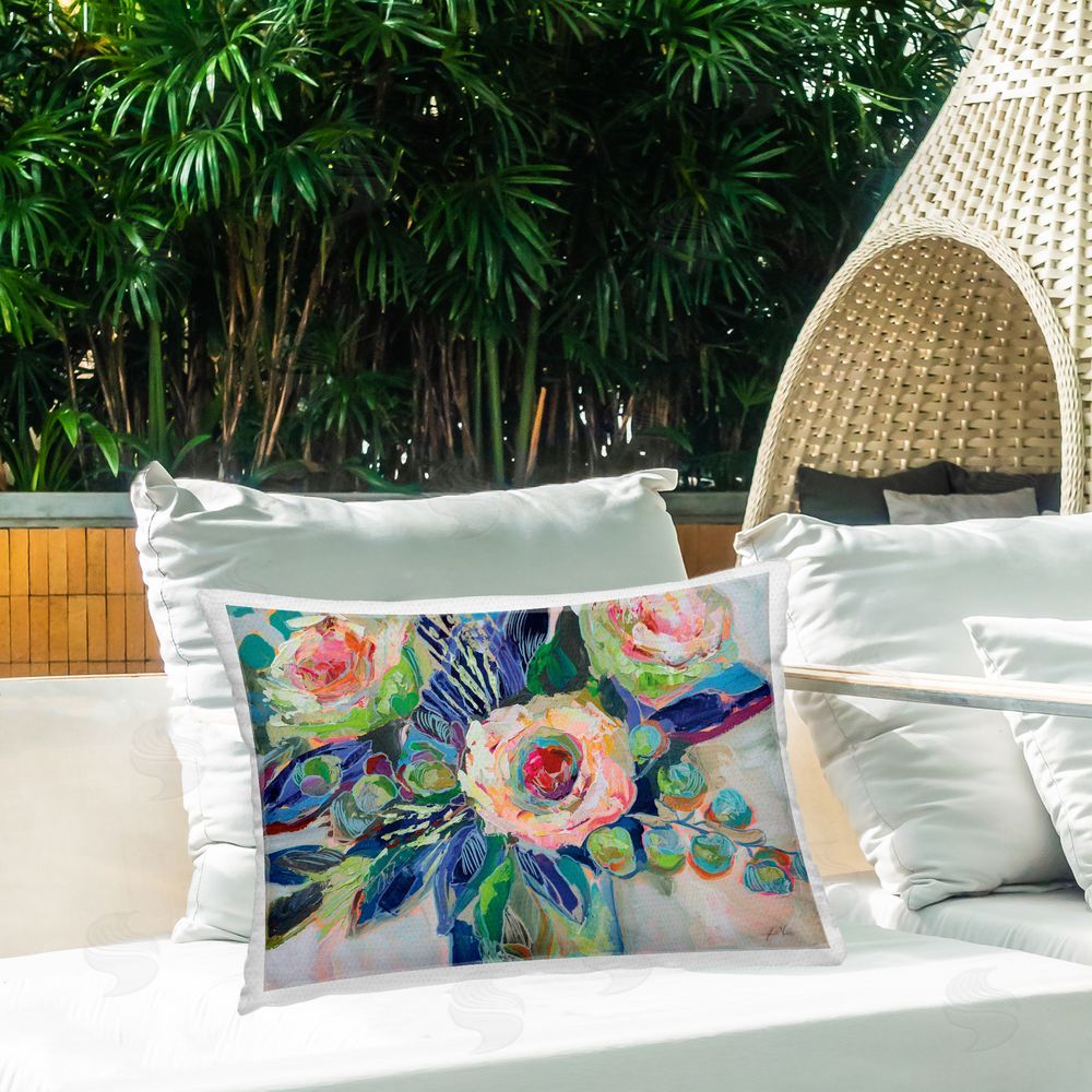 Jeanette Vertentes Centered Triple Blooms Outdoor Quick-Dry Polyester Printed Lumbar Pillow on Patio