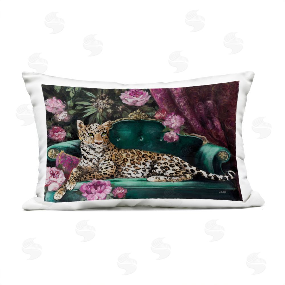 Julia Purinton Pampered Pet Leopard on Sofa Outdoor Quick-Dry Polyester Lumbar Pillow