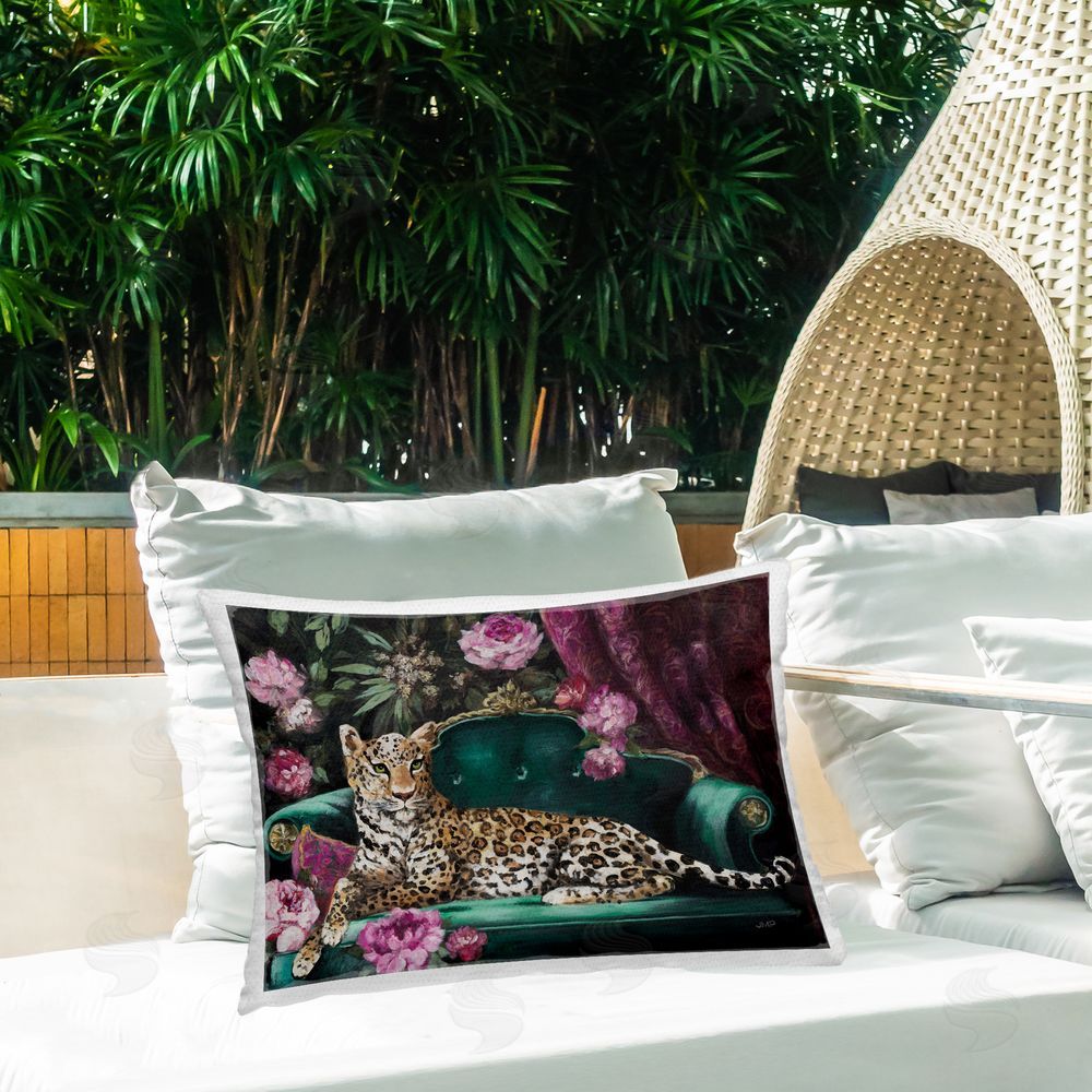 Julia Purinton Pampered Pet Leopard on Sofa Outdoor Quick-Dry Polyester Printed Lumbar Pillow on Patio