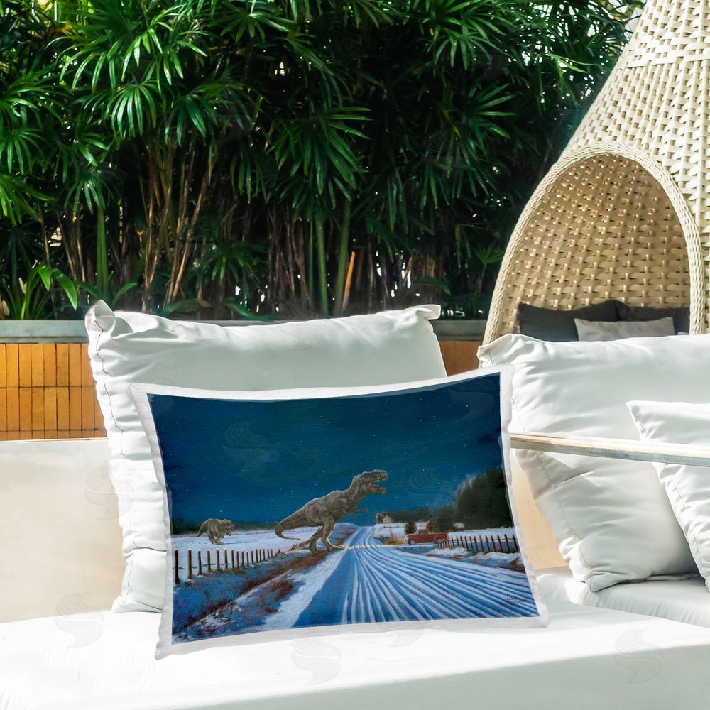 Wellington Studio Tyrannosaur Crossing Snowy Road Outdoor Quick-Dry Polyester Printed Lumbar Pillow on Patio