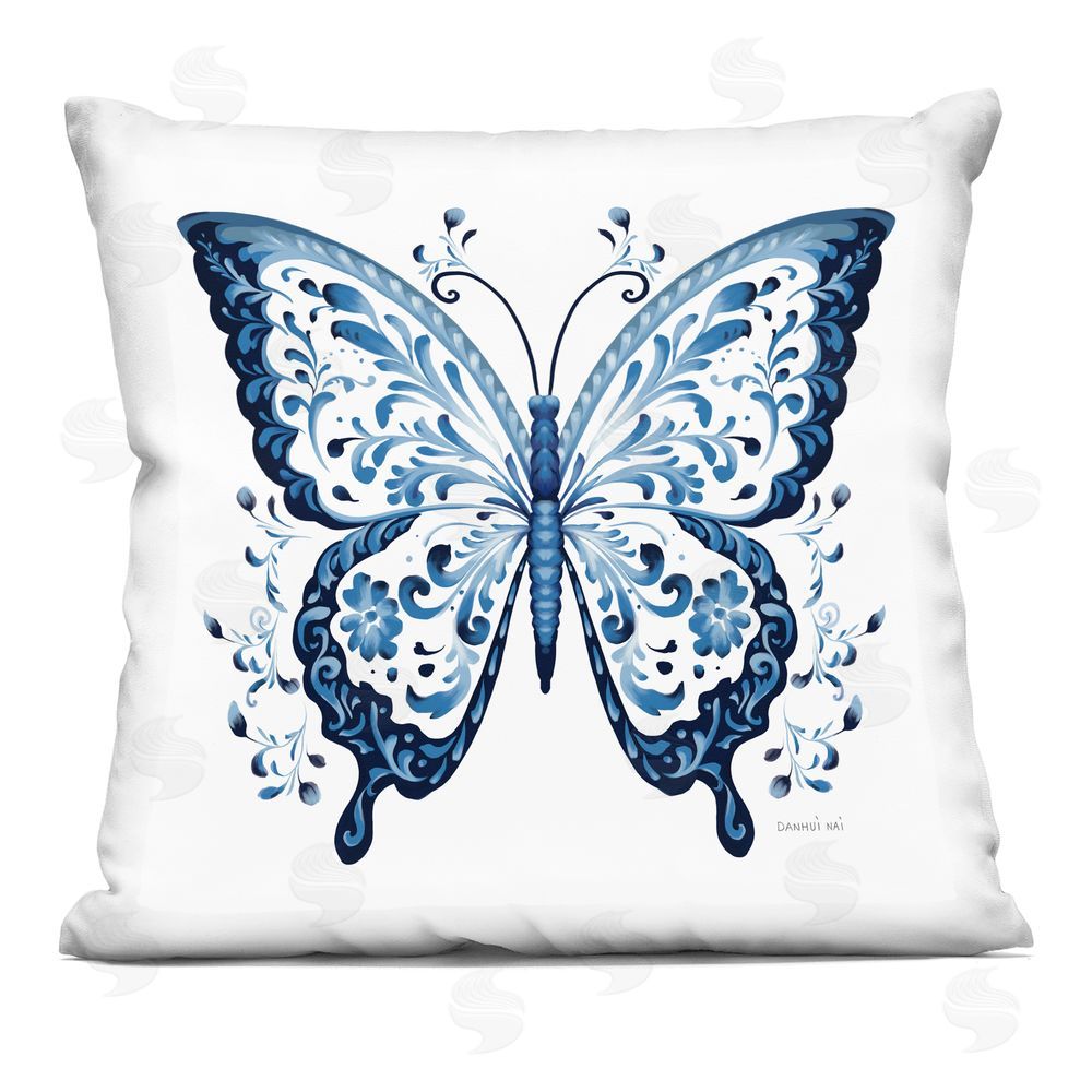 Danhui Nai Blue Butterfly Boho Pattern Indoor Plush Polyester Square Throw Pillow